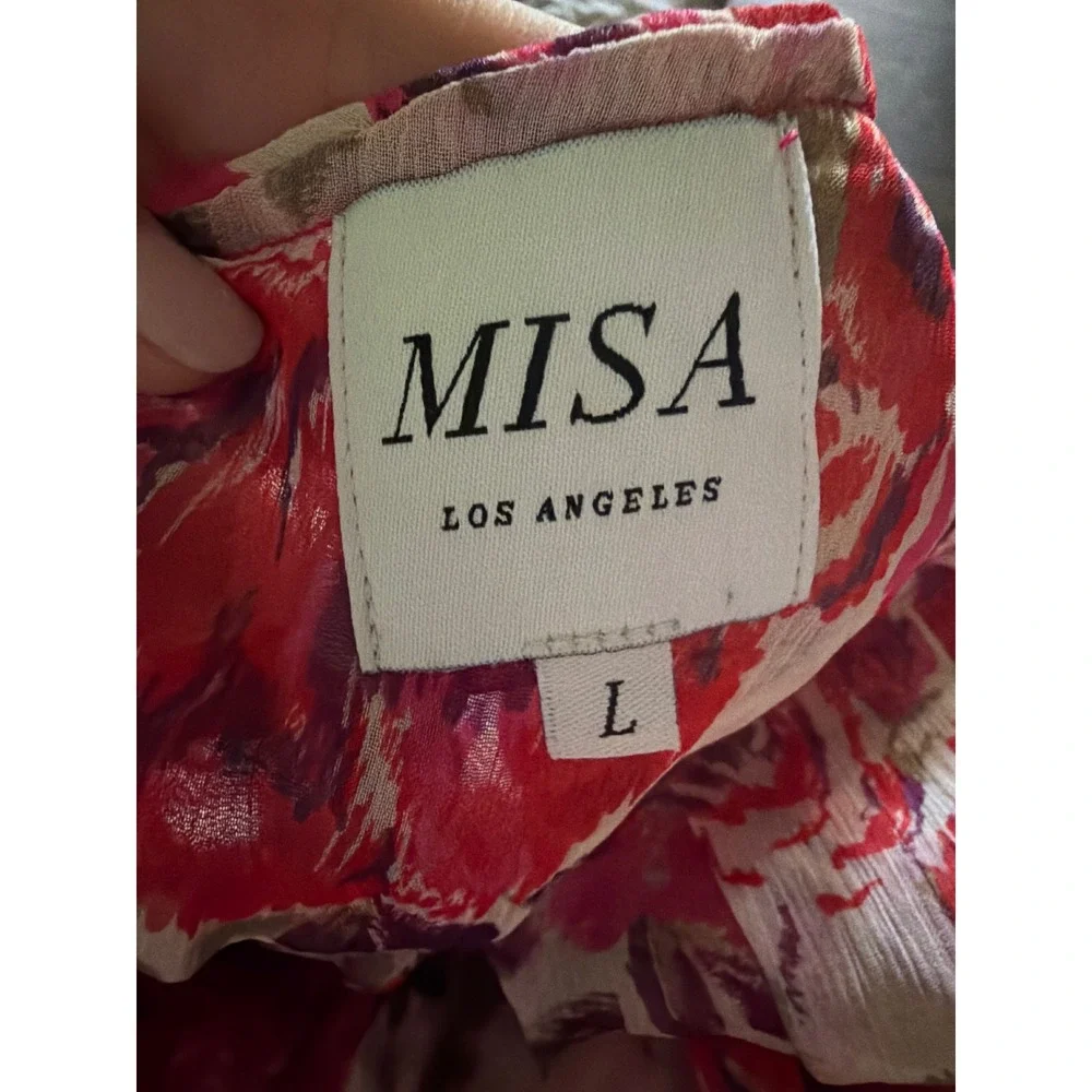 MISA Los Angeles Pink Red Diana Floral Ruffle Maxi Dress Size L Chiffon Boho A6